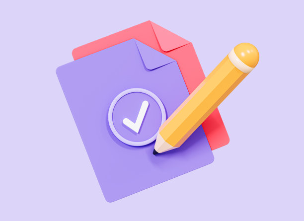 3D文档纸，带检查标记和铅笔。签名文件。完成的任务或测试。用勾音符。商业管理。紫色背景上孤立的卡通创意设计图标。三维渲染图片下载