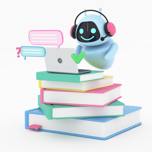 人工智能聊天机器人在成堆的书籍上聊天并回答人们的问题。机器学习，使用神经网络，在线消息概念。3d渲染插图。图片下载
