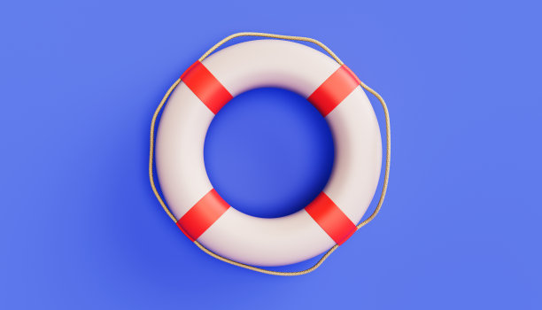 橙色和白色救生圈隔离在平坦的蓝色背景上图片下载