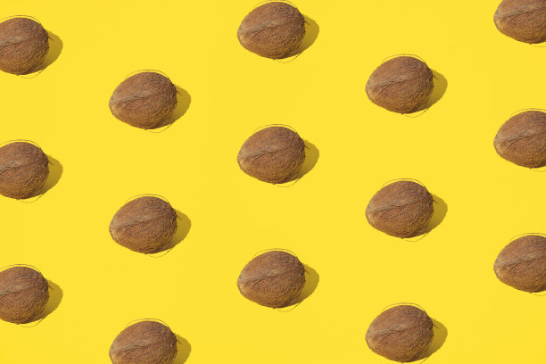 黄色背景的椰子。简约而现代的设计。模式。图片下载