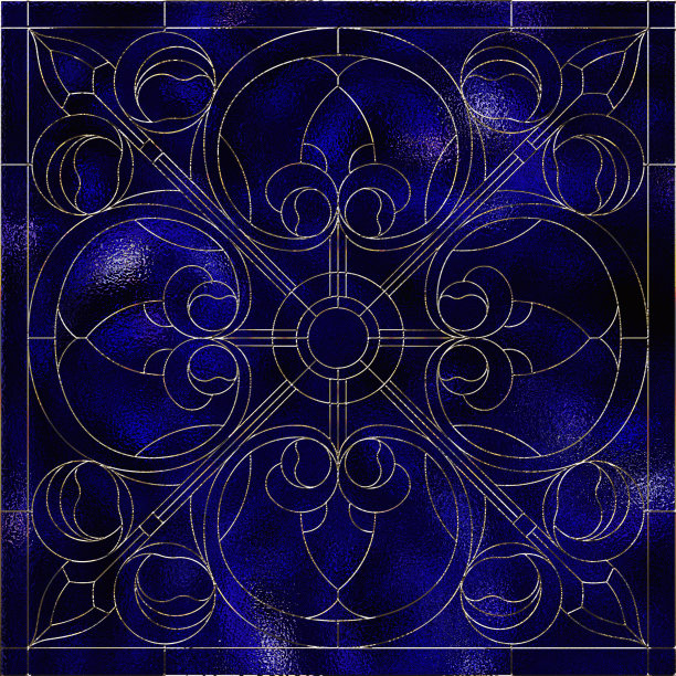 抽象百合花几何图案瓦。天花板上的窗户是方形的金色框架。哥特式华丽的镶嵌在深蓝色和金色。彩色玻璃磨砂窗。中世纪。插图图片下载