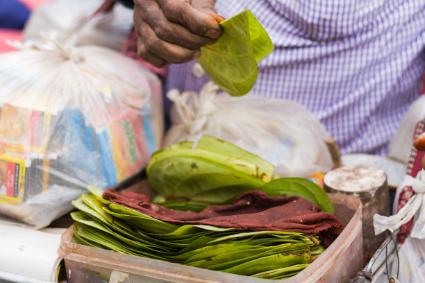 印度路边商店出售的槟榔叶。在印度非常受欢迎的街头小吃。手拿绿槟榔叶，夹上各种调味料，供客人享用。图片下载