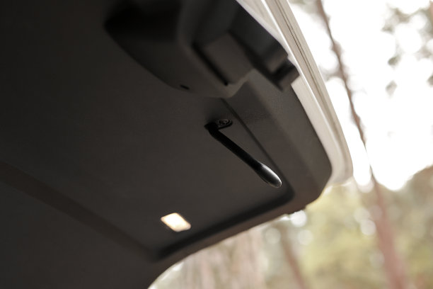 后备箱门把手。现代白色轿车后备箱门打开。车辆在公园外。内部细节的威望现代汽车图片下载