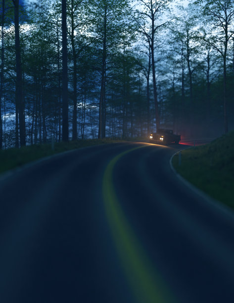 黎明时分，一辆敞篷小卡车开在雾气蒙蒙的森林里。3 d渲染。图片下载