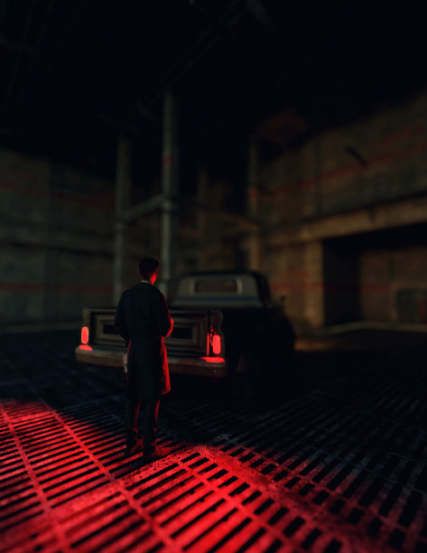 一名男子和一辆带有照明尾灯的皮卡车在一座工业建筑内。3 d渲染。图片下载