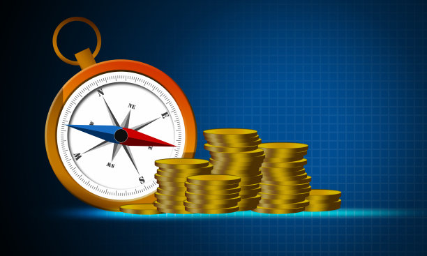 说明一个指南针与一堆金币孤立在深蓝色背景图片下载