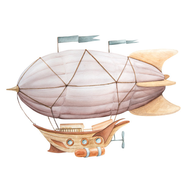 水彩画的飞船孤立在一个白色的背景。复古卡通飞艇与旗帜在棕色，粉红色和蓝绿色的颜色。图片下载