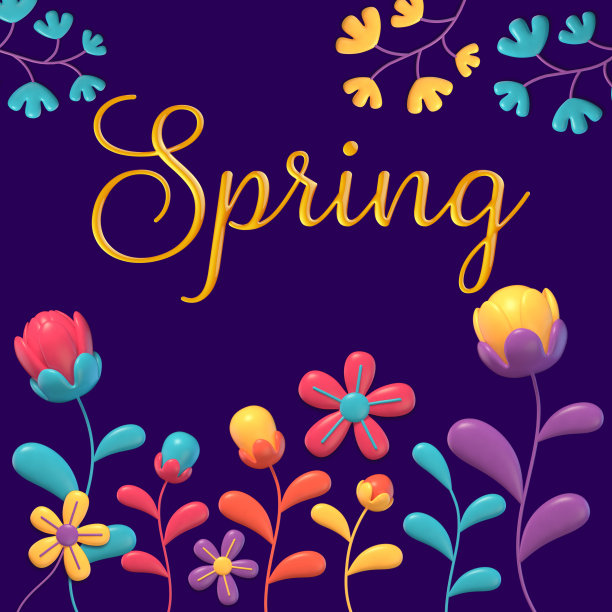 春天，3d字，花草背景，3d渲染，logo设计图片下载