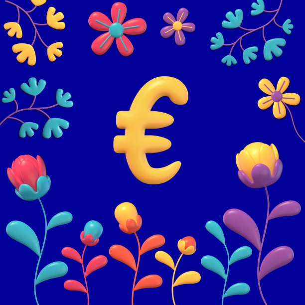 一套黄色3d数字和符号在多色背景与花卉和植物，3d渲染，欧元图片下载