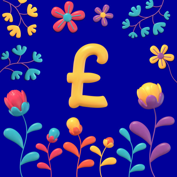 一套黄色3d数字和符号的彩色背景与花卉和植物，3d渲染，磅图片下载