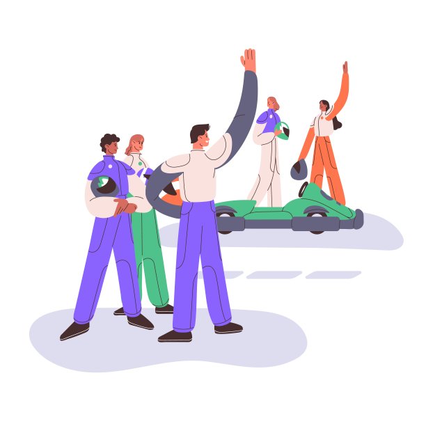 卡丁车比赛。开卡丁车的朋友。赛车手，赛车手都穿着戈卡特赛车的服装。人们喜欢极限公路运动，极限娱乐。平面矢量插图孤立在白色背景上图片下载