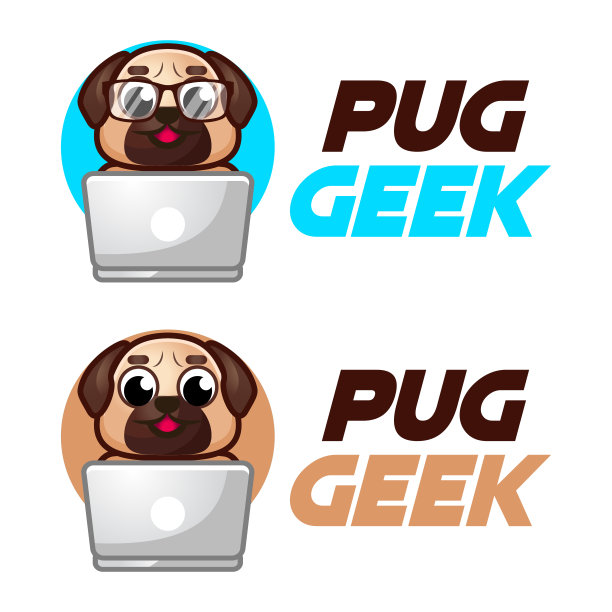 现代矢量平面设计简单极简的标志模板哈巴狗极客书呆子聪明的吉祥物字符矢量收集品牌，徽章，标签，徽章。孤立在白色背景上。图片下载