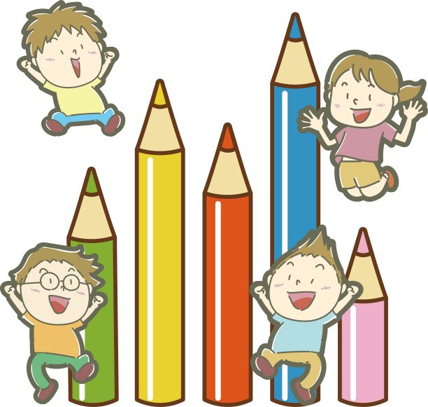 孩子们拿着彩色大铅笔/插画素材(矢量插画)快乐地蹦蹦跳跳图片下载
