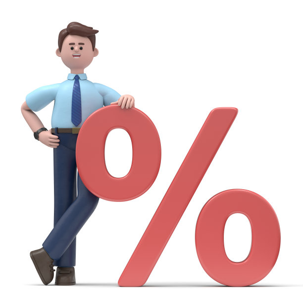 微笑的亚洲人菲利克斯在前面的百分比标志的3D插图，3D渲染在白色背景。图片下载