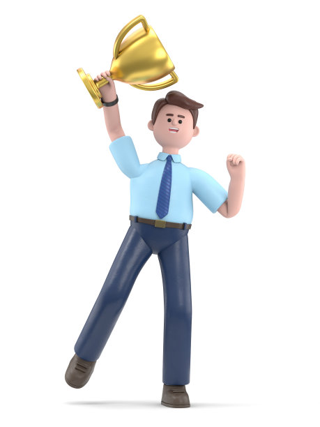 3D插图的微笑亚洲男子菲利克斯持有金奖得主杯，与奖品，赢得奖项。实现目标庆祝的概念。白色背景上的3D渲染。图片下载