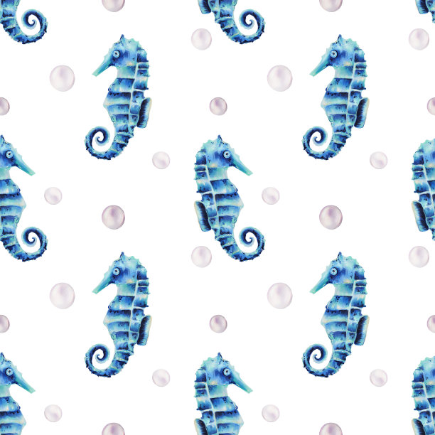 水彩无缝图案与海马和珍珠。手绘剪纸水下生活对象在一个白色孤立的背景。为设计师，装饰，明信片，包装纸，剪贴簿，封面，邀请，婚礼设计，海报和tex图片下载