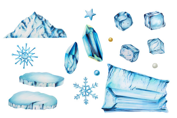 水彩画集雪山和冰晶，雪花，雪球，冰块。在白色孤立的背景上手绘剪贴冰块。为设计师，装饰，明信片，包装纸，剪贴簿，封面，邀请，海报图片下载