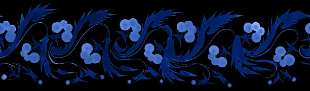 花水彩画无缝边界图案从蓝色荚蒾浆果和叶子孤立在黑色背景。Petrykivka风格的传统绘画图片下载