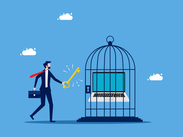 IT自由控制与解锁。商人打开笼子里的笔记本电脑图片下载