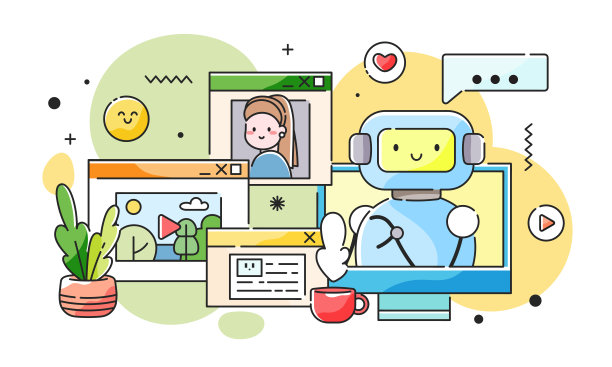 人工智能生成媒体内容——图片、照片、文本、帖子、文章和视频。人工智能和神经网络的未来概念。可爱的卡通机器人生成数字内容和艺术。图片下载