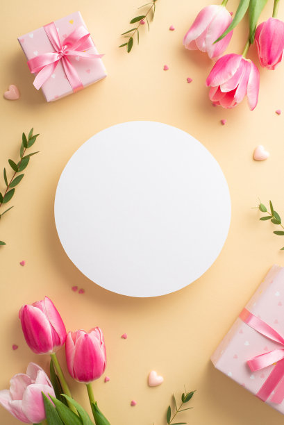 母亲节的概念。俯视图垂直照片白色圈粉红色礼盒彩带蝴蝶结郁金香和心形洒在孤立的粉彩米色背景与复制空间图片下载