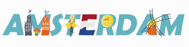标志阿姆斯特丹，性格女孩在自行车，房子，欧洲，风车，手绘矢量插图指南，海报，旅游小册子。图片下载