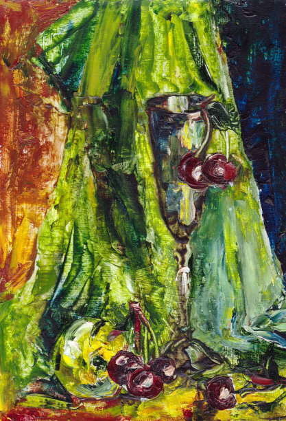 静物，绿色背景的金属玻璃里有樱桃，油画。图片下载