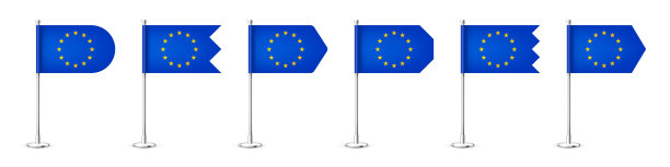 现实的各种欧洲桌旗在铬钢杆。来自欧洲的纪念品。桌旗由纸或织物制成，有光泽的金属支架。用于推广和广告的模型。矢量图图片下载