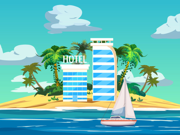 热带岛屿上的现代酒店度假海滩，夏季海洋景观，棕榈树，海岸图片下载