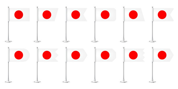 现实的各种日本桌旗在铬钢杆。来自日本的纪念品。桌旗由纸或织物制成，有光泽的金属支架。用于推广和广告的模型。矢量图图片下载