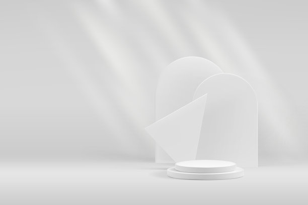 产品展示的白色平台3d背景。最小的圆形楼梯舞台和几何形状。阳光和光束照在墙上图片下载