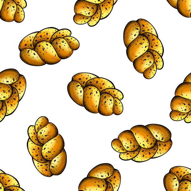 Challah无缝水彩图案。犹太面包，安息日的节日糕点。新鲜的鸡蛋包，脆皮，芝麻。美味的甜面包。食物的草图。背景菜单，包装，网页图片下载