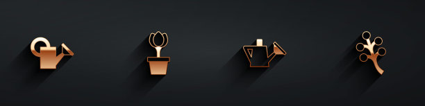 设置浇水罐，花郁金香壶，和开花树枝图标与长影子。向量图片下载