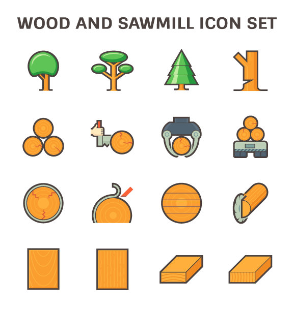 木材和锯木厂行业矢量图标集设计。图片下载