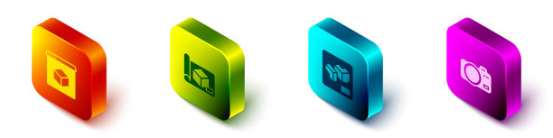 设置等距3D打印机、工程绘图纸和照相相机图标。向量图片下载