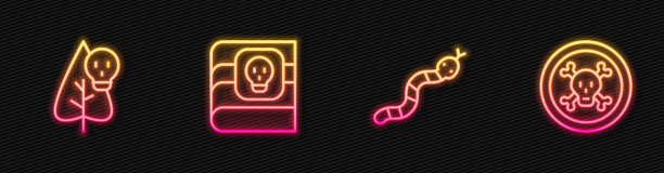 设定线蛇，毒药花，书关于毒药和骨头和头骨。发光的霓虹灯图标。向量图片下载