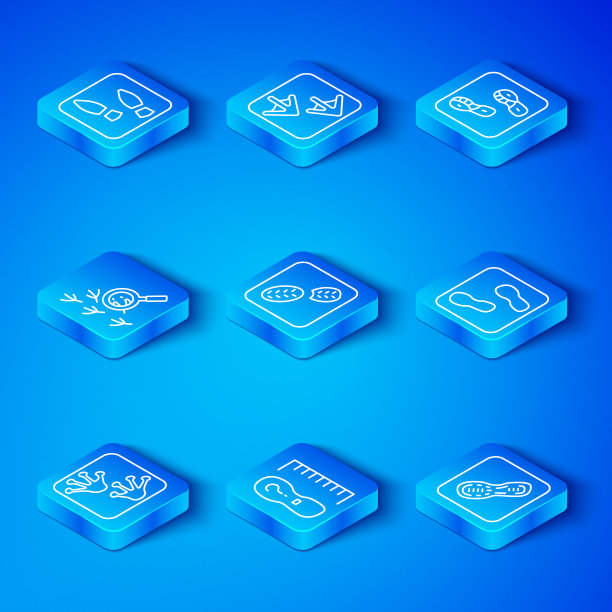 设定线蛙爪脚印，人类脚印鞋，正方形测量尺寸，鸟，图标。向量图片下载