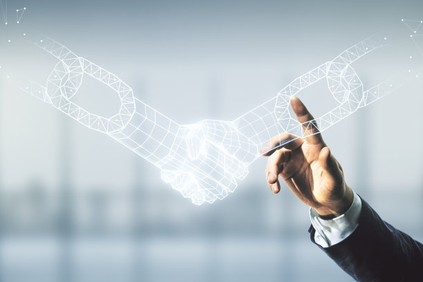 人手工作与抽象虚拟区块链技术全息握手模糊的办公背景，密码学和去中心化的概念。多接触图片下载