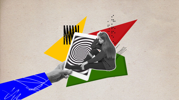 大众媒体成瘾和社交媒体影响。年轻悲伤的女孩坐在催眠平板电脑屏幕附近。互联网操作。当代艺术拼贴。图片下载