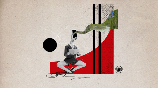 年轻女子穿着正装读书，手伸出头，手机显示自然的形象。当代艺术拼贴。图片下载