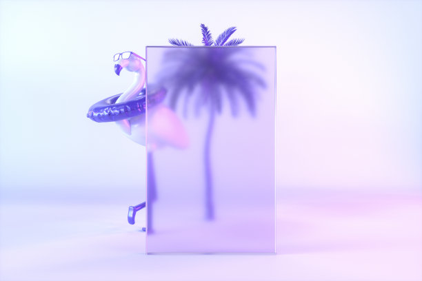 空玻璃框架和充气火烈鸟霓虹灯背景最小的夏季旅游假期概念图片下载