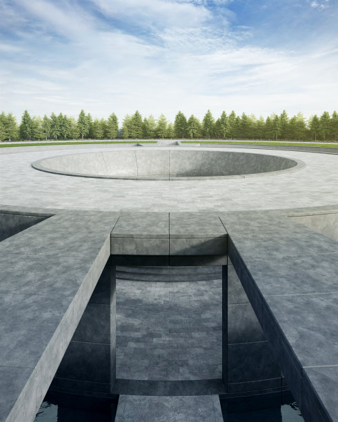 空旷弯曲的混凝土小径，草地和树木。图片下载