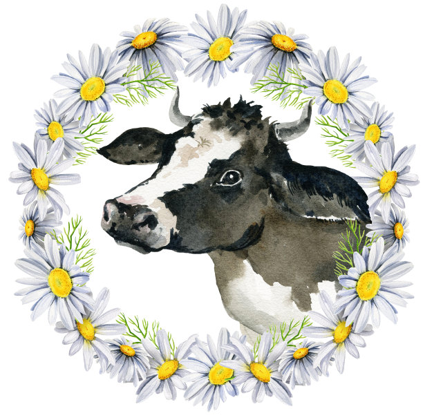 圆形花环与白色和黑色奶牛和雏菊，野花，水彩手绘插图，圆形框架，spase为文本图片下载