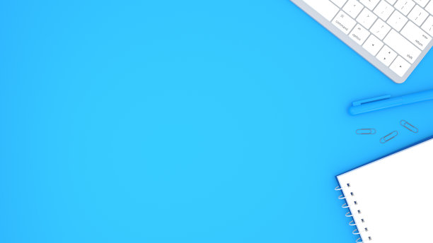 蓝色背景，键盘，记事本和配件，复制空间，平铺，顶视图，模拟。3 d渲染。图片下载
