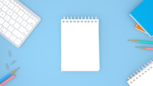 空白笔记纸与笔在蓝色背景的俯视图。回到学校和教育理念。3 d渲染。图片下载
