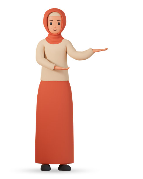 戴头巾的穆斯林妇女的3d插图，在白色背景上，双手指向一个方向。三维穆斯林女性角色指向一些东西。图片下载