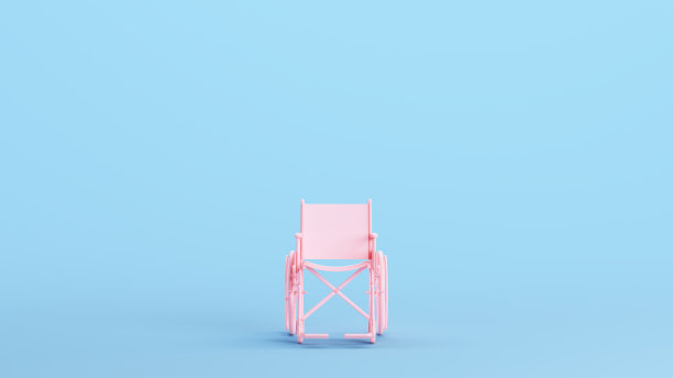 粉红色轮椅医院移动医疗保健残疾援助病人护理运输设备前视图媚俗蓝色背景图片下载