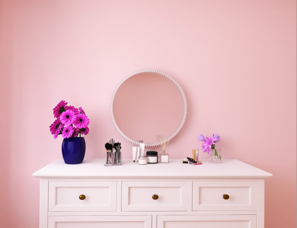 房间内部，镜子，花卉3d渲染，3d插图图片下载