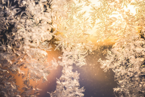 冰花结在窗户上。冬季冷纹图案。宏观的观点。霜晶体图片下载