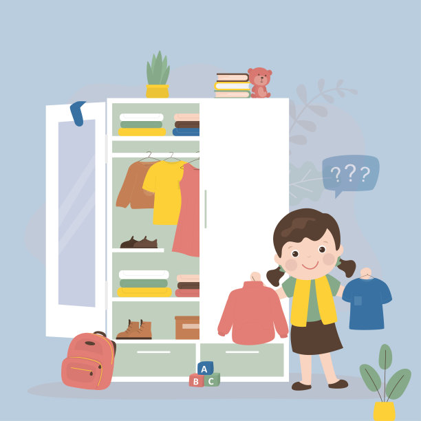 可爱的孩子女孩选择各种日常衣服储存。衣柜，整理衣服的空间。时尚的白人孩子。架子上放着服装、配饰和靴子。图片下载